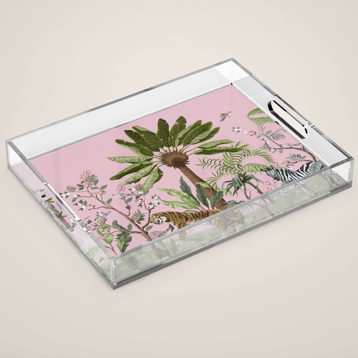 Chinoiserie Exotic Jungle Tiger Zebra Palms Pink Fresco Art Acrylic Tray Gallery Image 1