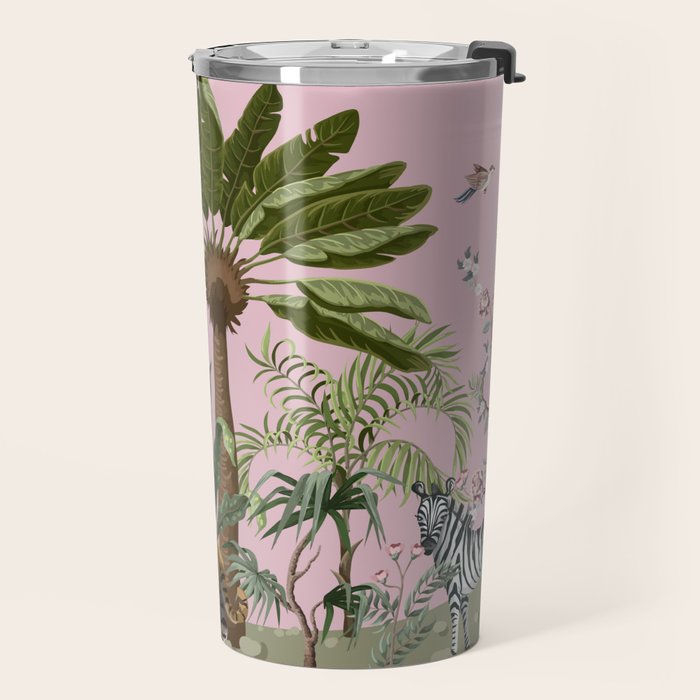 Chinoiserie Exotic Jungle Tiger Zebra Palms Pink Fresco Art Travel Mug Gallery Image 2
