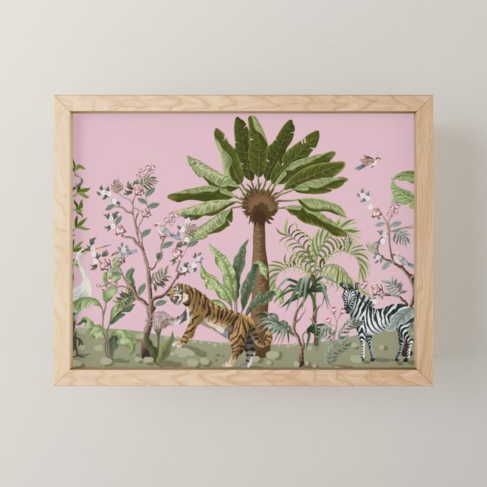 Chinoiserie Exotic Jungle Tiger Zebra Palms Pink Fresco Art Mini Art Print Gallery Image 1