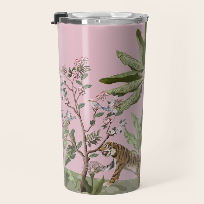 Chinoiserie Exotic Jungle Tiger Zebra Palms Pink Fresco Art Travel Mug Gallery Image 3