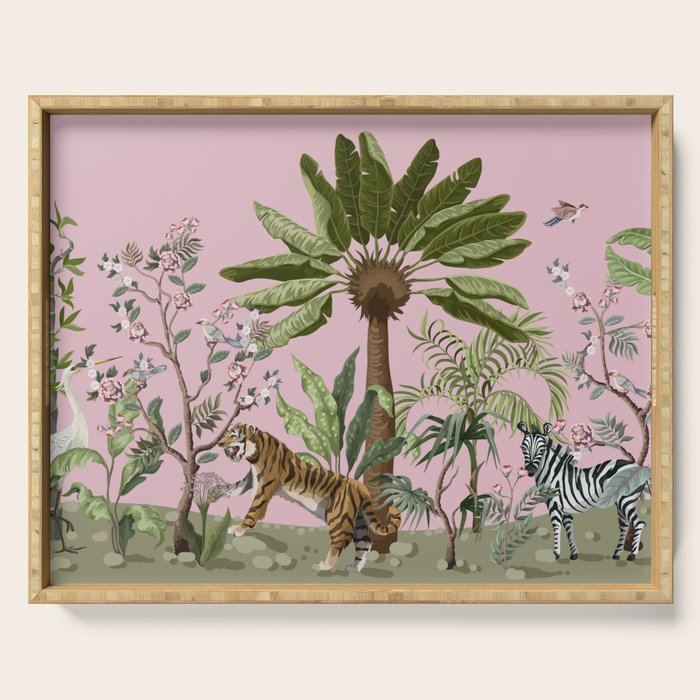 Chinoiserie Exotic Jungle Tiger Zebra Palms Pink Fresco Art Serving Tray Gallery Image 1