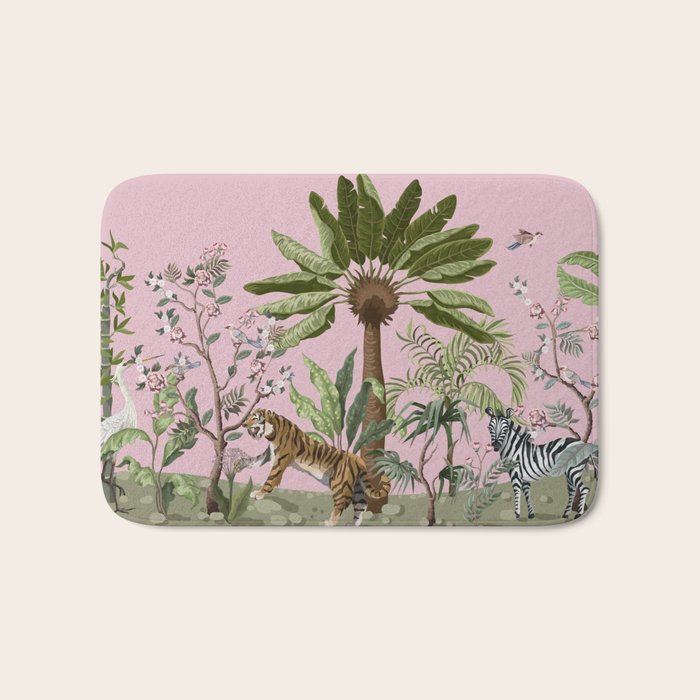Chinoiserie Exotic Jungle Tiger Zebra Palms Pink Fresco Art Bath Mat Gallery Image 1