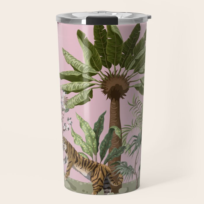 Chinoiserie Exotic Jungle Tiger Zebra Palms Pink Fresco Art Travel Mug Gallery Image 1