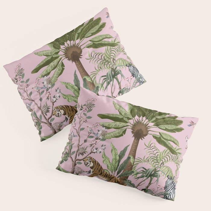 Chinoiserie Exotic Jungle Tiger Zebra Palms Pink Fresco Art Pillow Sham Gallery Image 3