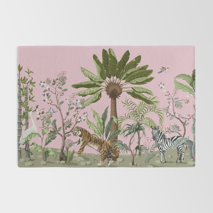 Chinoiserie Exotic Jungle Tiger Zebra Palms Pink Fresco Art Rug Gallery Image 2