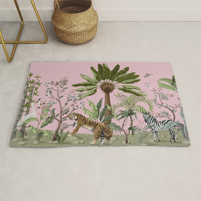 Chinoiserie Exotic Jungle Tiger Zebra Palms Pink Fresco Art Rug Gallery Image 1