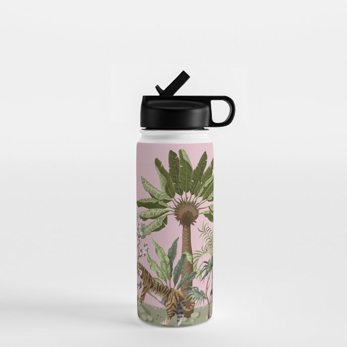 Chinoiserie Exotic Jungle Tiger Zebra Palms Pink Fresco Art Water Bottle Gallery Image 1