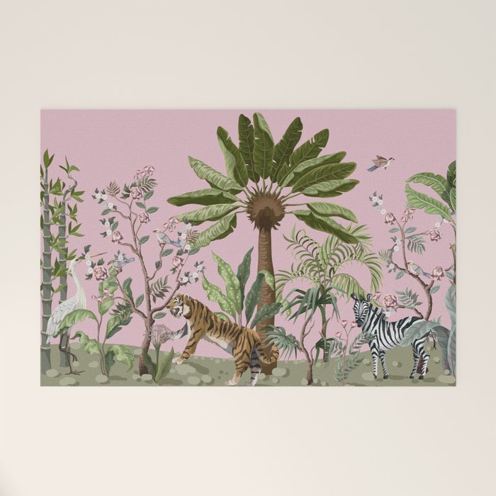 Chinoiserie Exotic Jungle Tiger Zebra Palms Pink Fresco Art Welcome Mat Gallery Image 1