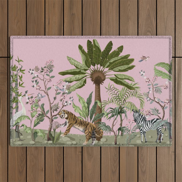 Chinoiserie Exotic Jungle Tiger Zebra Palms Pink Fresco Art Outdoor Rug Gallery Image 1