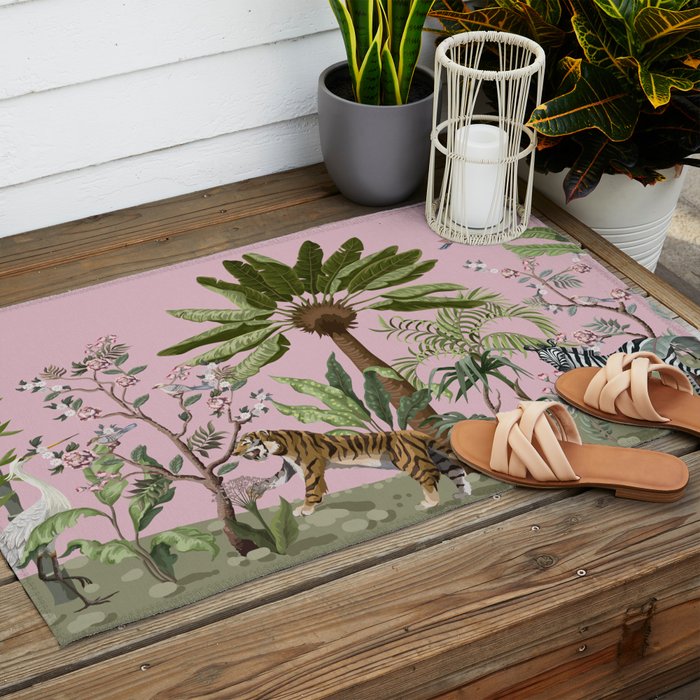 Chinoiserie Exotic Jungle Tiger Zebra Palms Pink Fresco Art Outdoor Rug Gallery Image 2