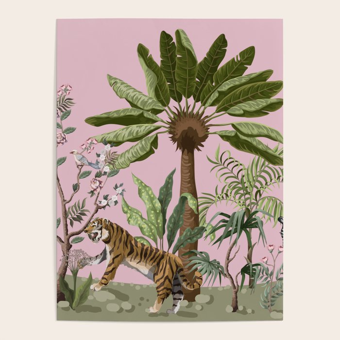 Chinoiserie Exotic Jungle Tiger Zebra Palms Pink Fresco Art Poster Gallery Image 4
