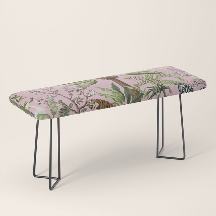 Chinoiserie Exotic Jungle Tiger Zebra Palms Pink Fresco Art Bench Gallery Image 1
