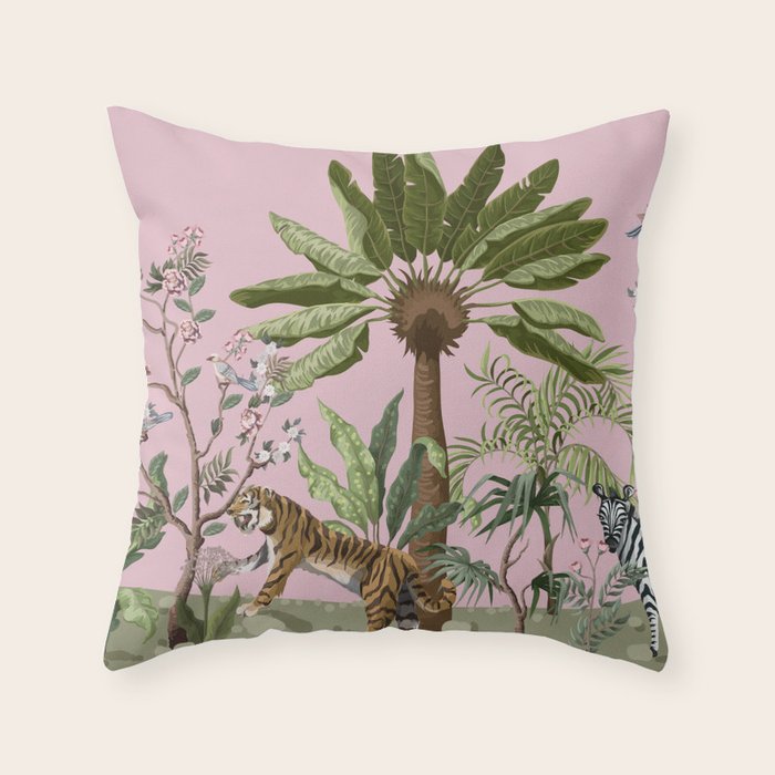 Chinoiserie Exotic Jungle Tiger Zebra Palms Pink Fresco Art Throw Pillow Gallery Image 1