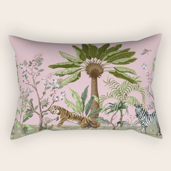 Chinoiserie Exotic Jungle Tiger Zebra Palms Pink Fresco Art Rectangular Pillow Gallery Image 1