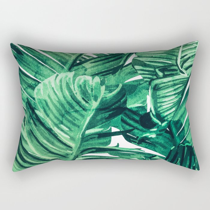 Tropical State of Mind | Watercolor Palm Banana Leaves Painting | Botanical Jungle Bohemian Plants Rectangular Pillow Gallery Image 1