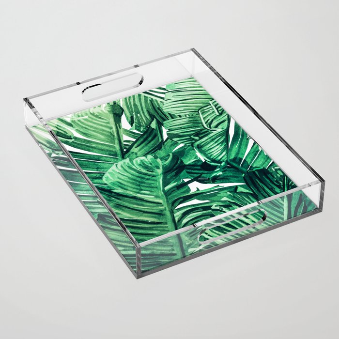 Tropical State of Mind | Watercolor Palm Banana Leaves Painting | Botanical Jungle Bohemian Plants Acrylic Tray Gallery Image 1