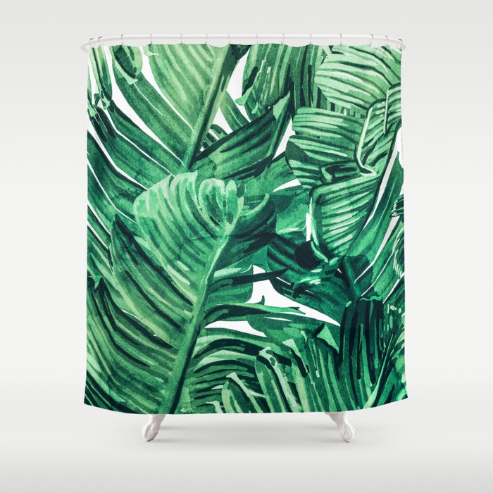 Tropical State of Mind | Watercolor Palm Banana Leaves Painting | Botanical Jungle Bohemian Plants Shower Curtain Gallery Image 1
