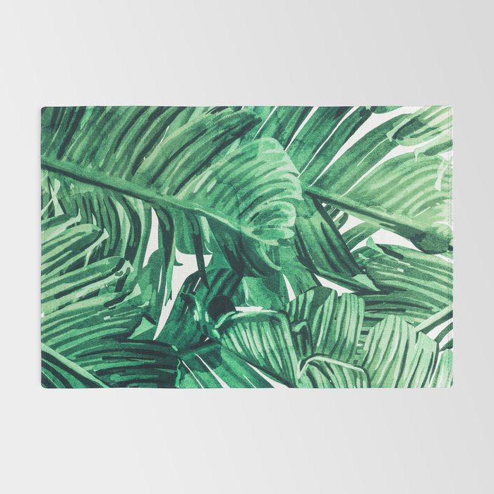 Tropical State of Mind | Watercolor Palm Banana Leaves Painting | Botanical Jungle Bohemian Plants Rug Gallery Image 2