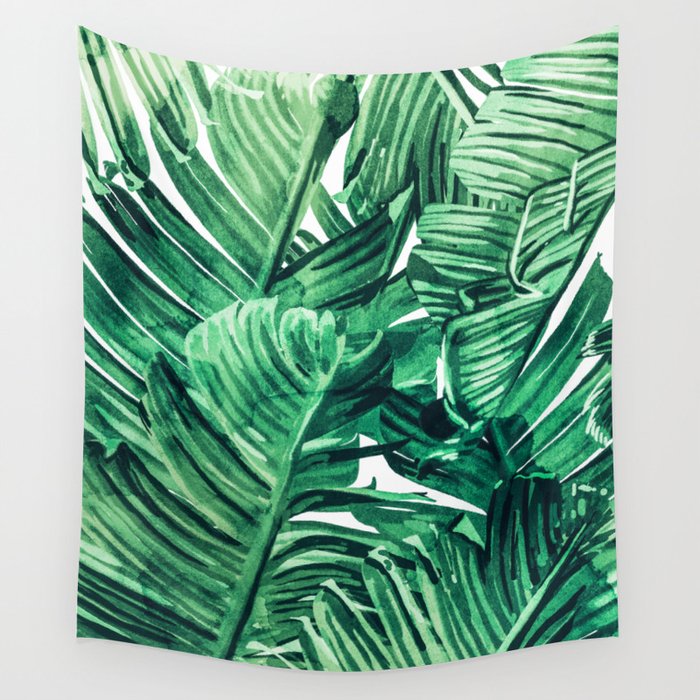 Tropical State of Mind | Watercolor Palm Banana Leaves Painting | Botanical Jungle Bohemian Plants Wall Tapestry Gallery Image 1