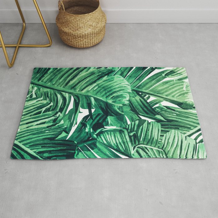 Tropical State of Mind | Watercolor Palm Banana Leaves Painting | Botanical Jungle Bohemian Plants Rug Gallery Image 1