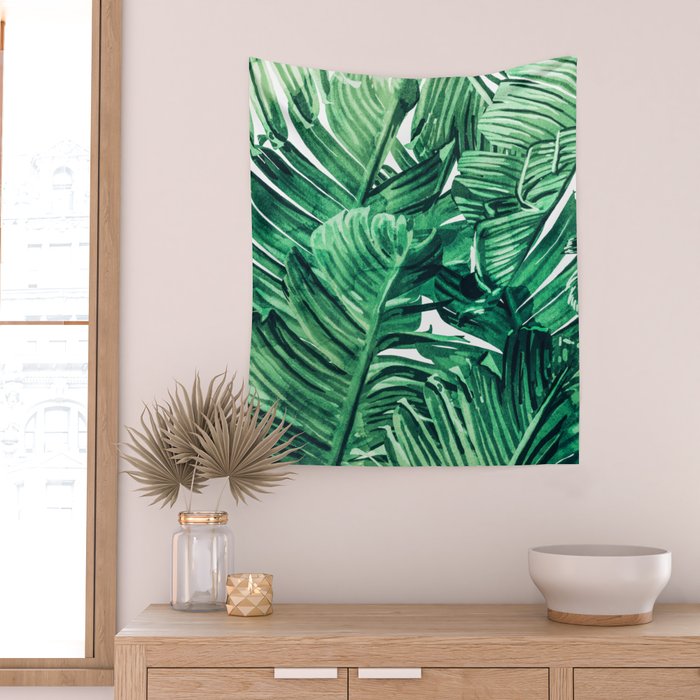 Tropical State of Mind | Watercolor Palm Banana Leaves Painting | Botanical Jungle Bohemian Plants Wall Tapestry Gallery Image 2