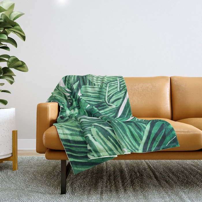 Tropical State of Mind | Watercolor Palm Banana Leaves Painting | Botanical Jungle Bohemian Plants Throw Blanket Gallery Image 1