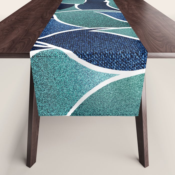 Festive, Floral Prints, Navy Blue and Teal on White Table Runner Gallery Image 1