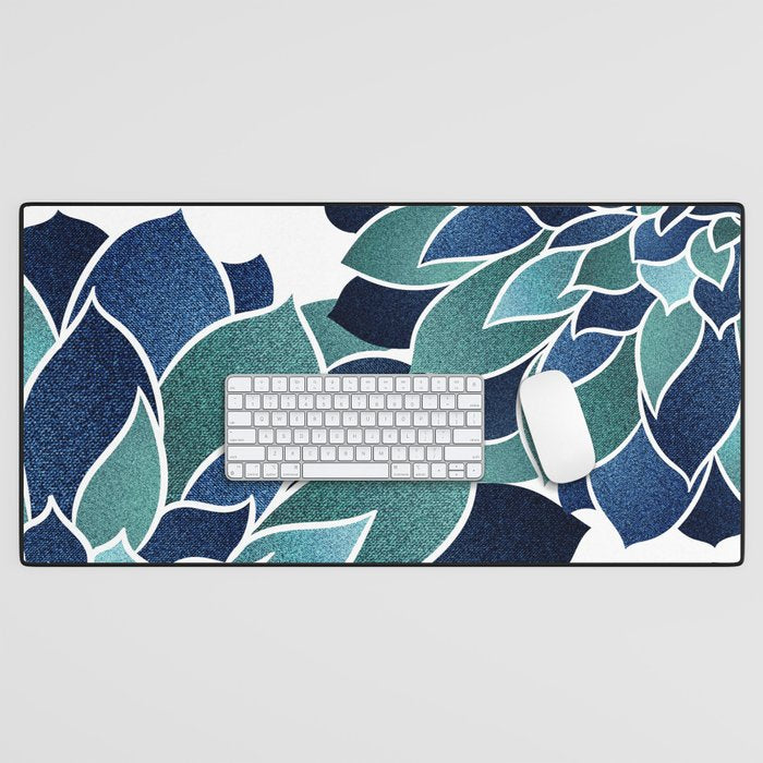Festive, Floral Prints, Navy Blue and Teal on White Desk Mat Gallery Image 1