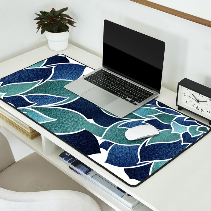 Festive, Floral Prints, Navy Blue and Teal on White Desk Mat Gallery Image 2