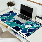 Festive, Floral Prints, Navy Blue and Teal on White Desk Mat Gallery Image 2