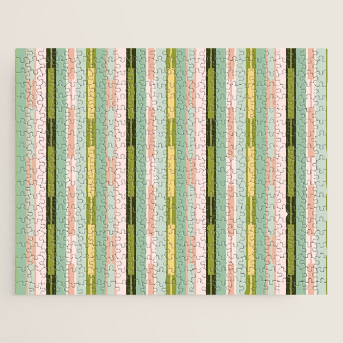 Vertical Striped Geo Chain Geometric Pattern Green Pink Yellow Jigsaw Puzzle Gallery Image 1