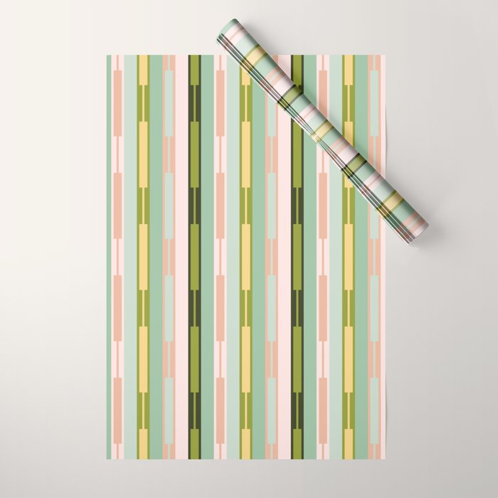 Vertical Striped Geo Chain Geometric Pattern Green Pink Yellow Wrapping Paper Gallery Image 1