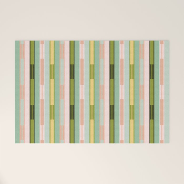 Vertical Striped Geo Chain Geometric Pattern Green Pink Yellow Welcome Mat Gallery Image 1
