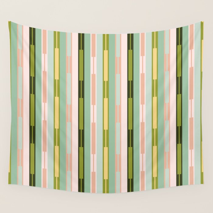 Vertical Striped Geo Chain Geometric Pattern Green Pink Yellow Wall Tapestry Gallery Image 1