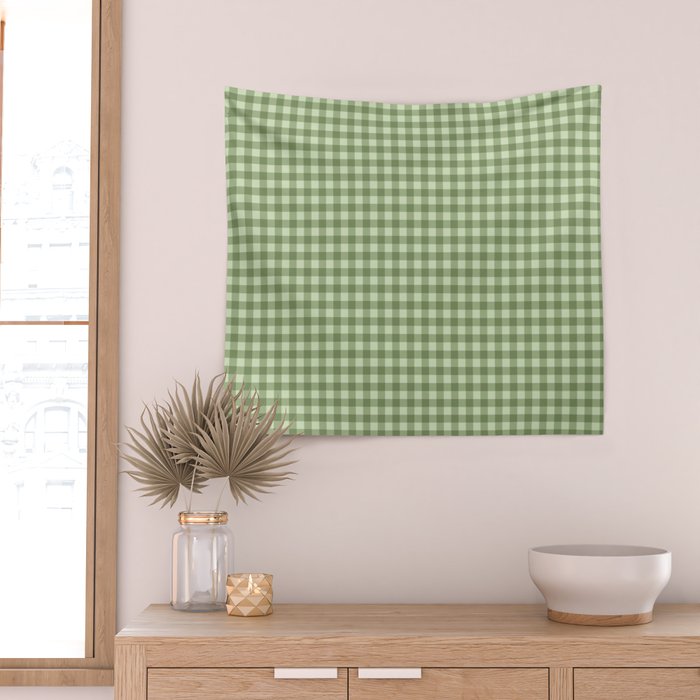 Gingham Plaid Pattern - Natural Green Wall Tapestry Gallery Image 2