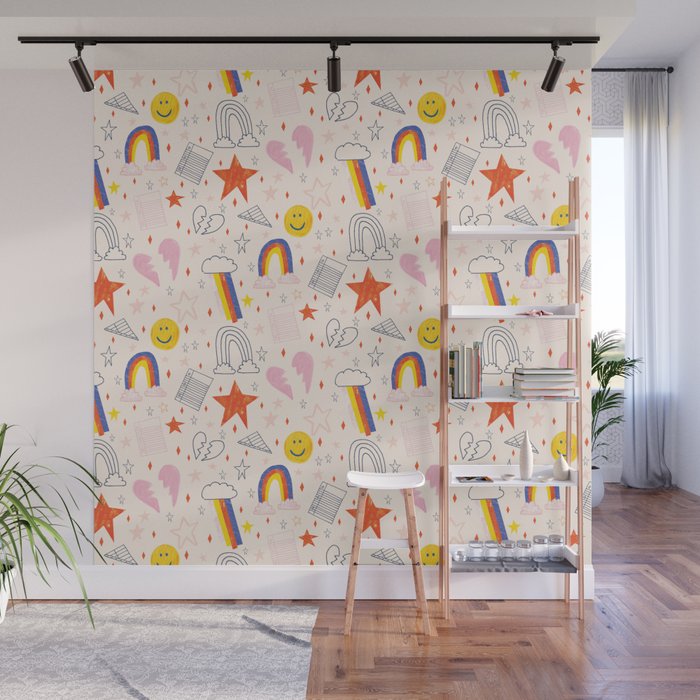 Happy Smiley Face & Retro Rainbows in Dusty Pink Wall Mural Gallery Image 1