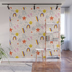 Happy Smiley Face & Retro Rainbows in Dusty Pink Wall Mural Gallery Image 1