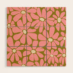 Pink Retro Floral Art Print Wood Wall Art Gallery Image 1