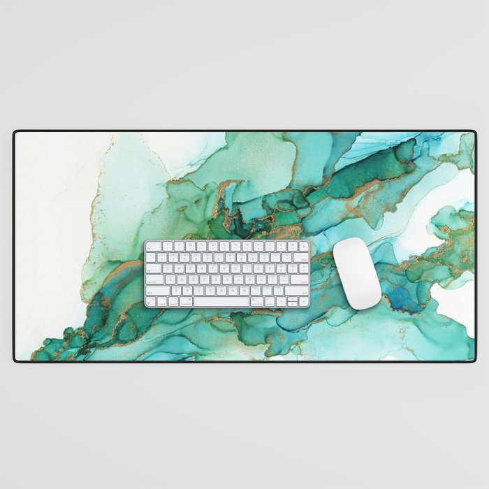 Emerald Gold Waves Abstract Ink Desk Mat Gallery Image 1