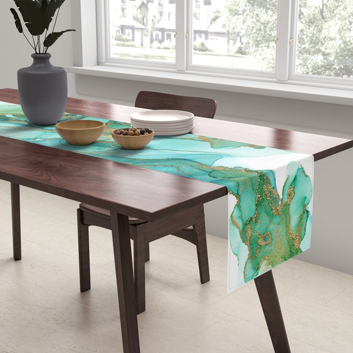 Emerald Gold Waves Abstract Ink Table Runner Gallery Image 2