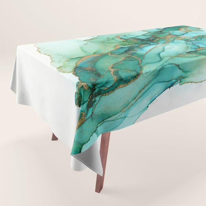 Emerald Gold Waves Abstract Ink Tablecloth Gallery Image 1