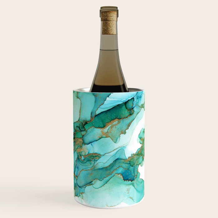 Emerald Gold Waves Abstract Ink Wine Chiller Gallery Image 3