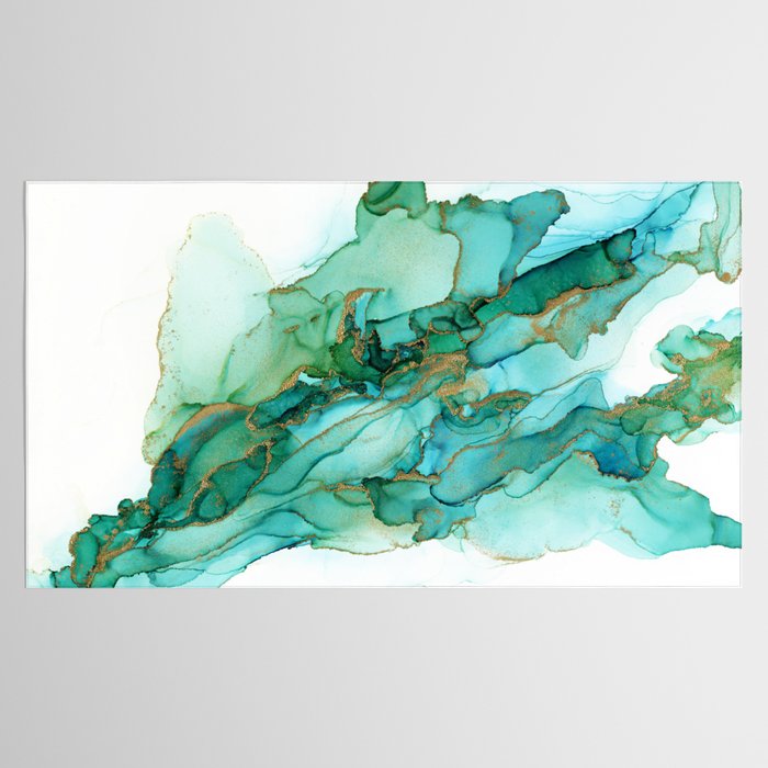 Emerald Gold Waves Abstract Ink Tablecloth Gallery Image 2