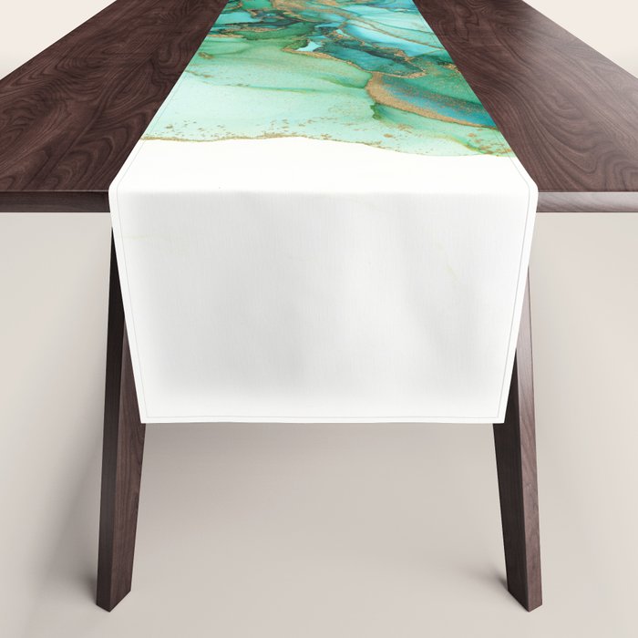 Emerald Gold Waves Abstract Ink Table Runner Gallery Image 1
