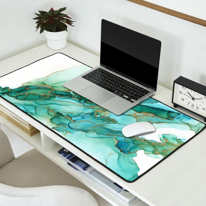 Emerald Gold Waves Abstract Ink Desk Mat Gallery Image 2