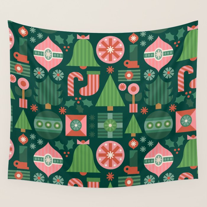 Gifts of Christmas Pattern - Green & Pink Wall Tapestry Gallery Image 4