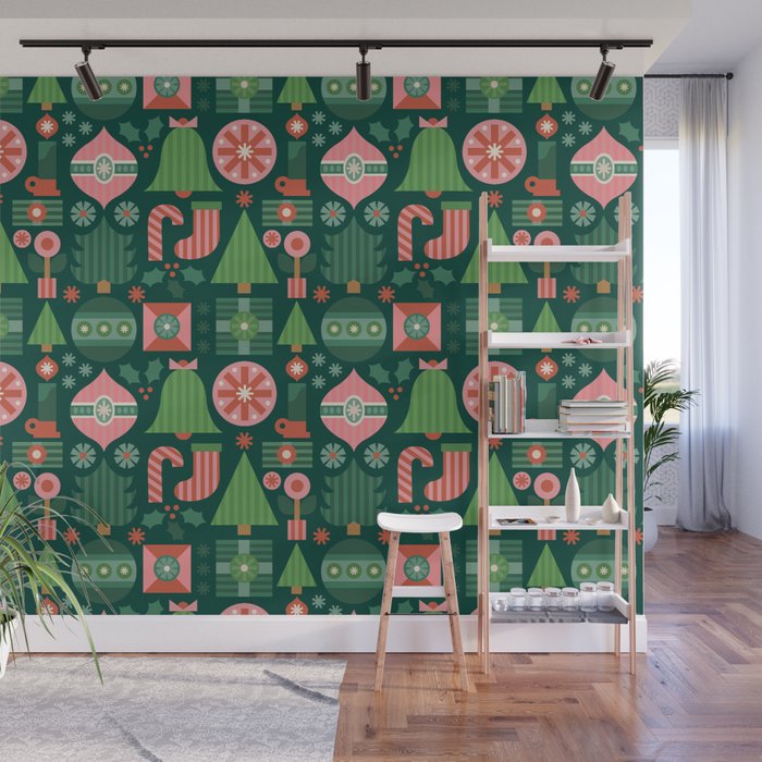 Gifts of Christmas Pattern - Green & Pink Wall Mural Gallery Image 1