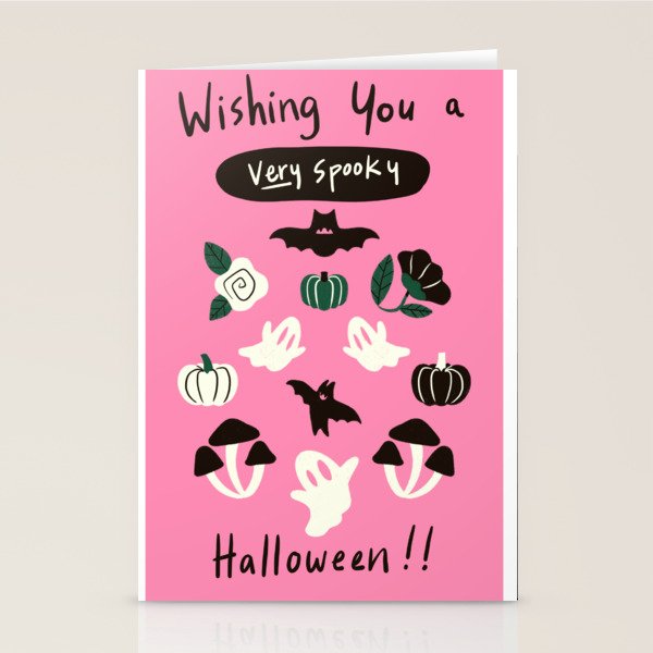 Pink Ghosts, Mushrooms, Bats, and Flowers Pattern Stationery Card Gallery Image 1
