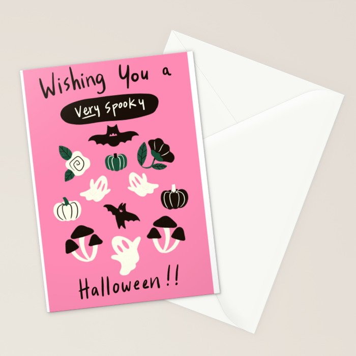 Pink Ghosts, Mushrooms, Bats, and Flowers Pattern Stationery Card Gallery Image 2