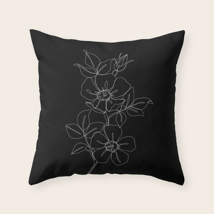 Botanical illustration one line drawing - Rose Black Throw Pillow Gallery Image 6